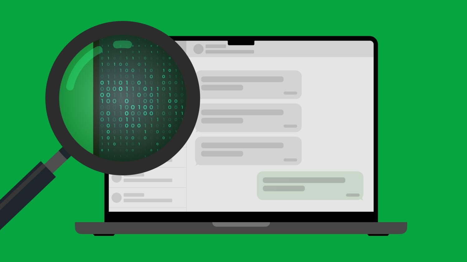 Laptop displaying chat messages with a magnifying glass revealing binary code